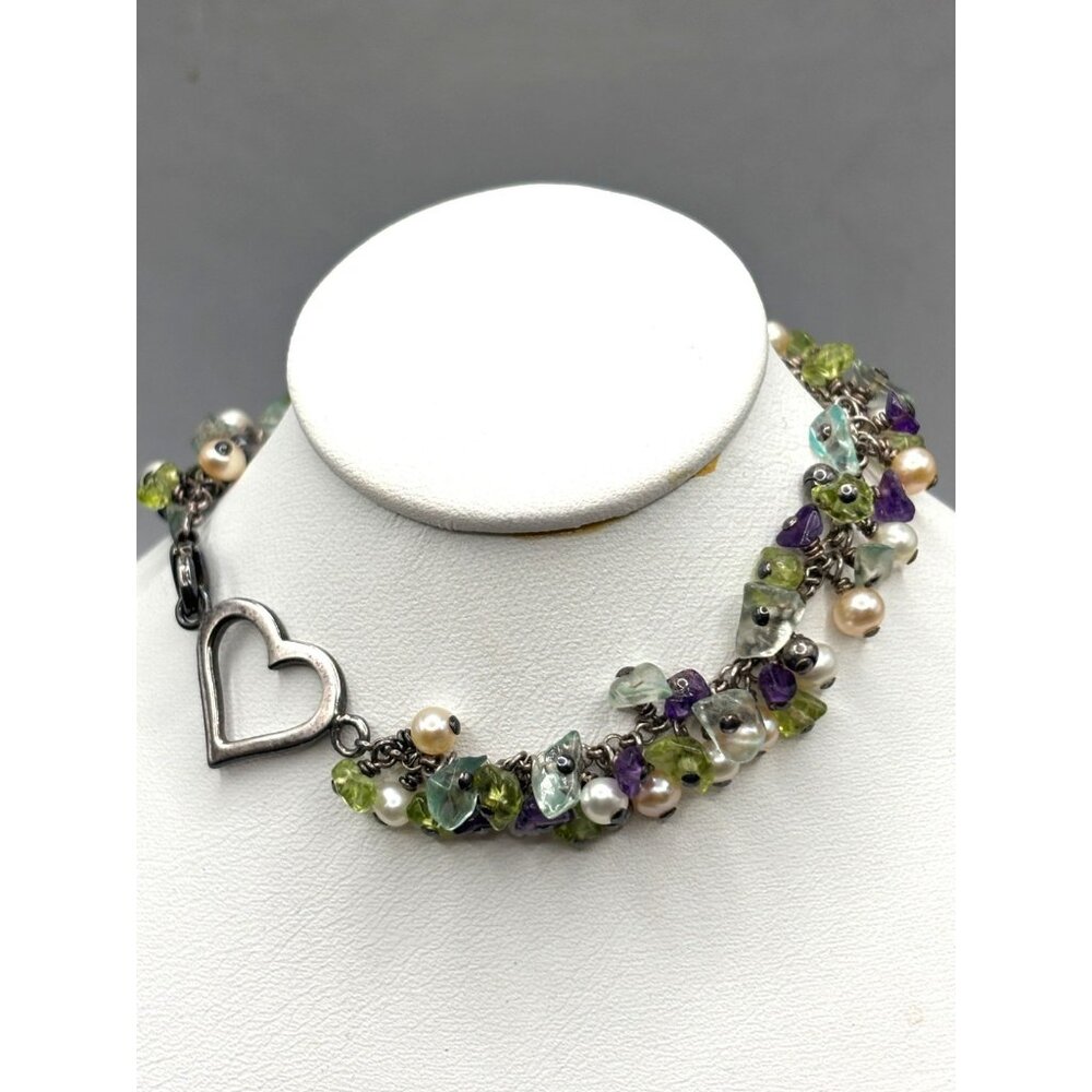 Silver Charm Bracelet Amethyst, Peridot Aquamarine gold & white Pearls w/ Heart